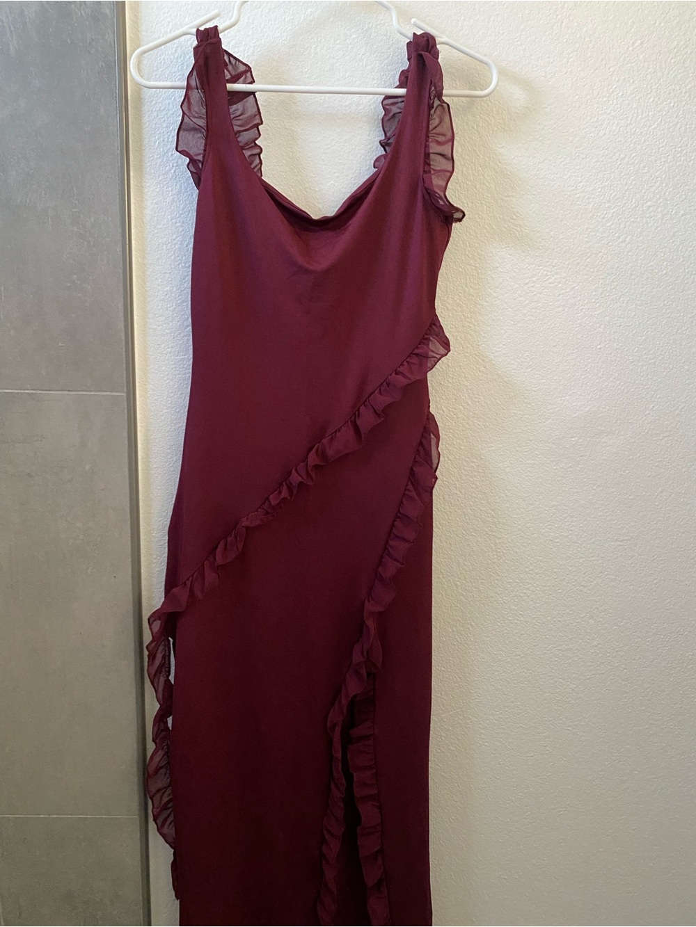 Elegant Burgundy Ruffle-Trim Maxi Dress